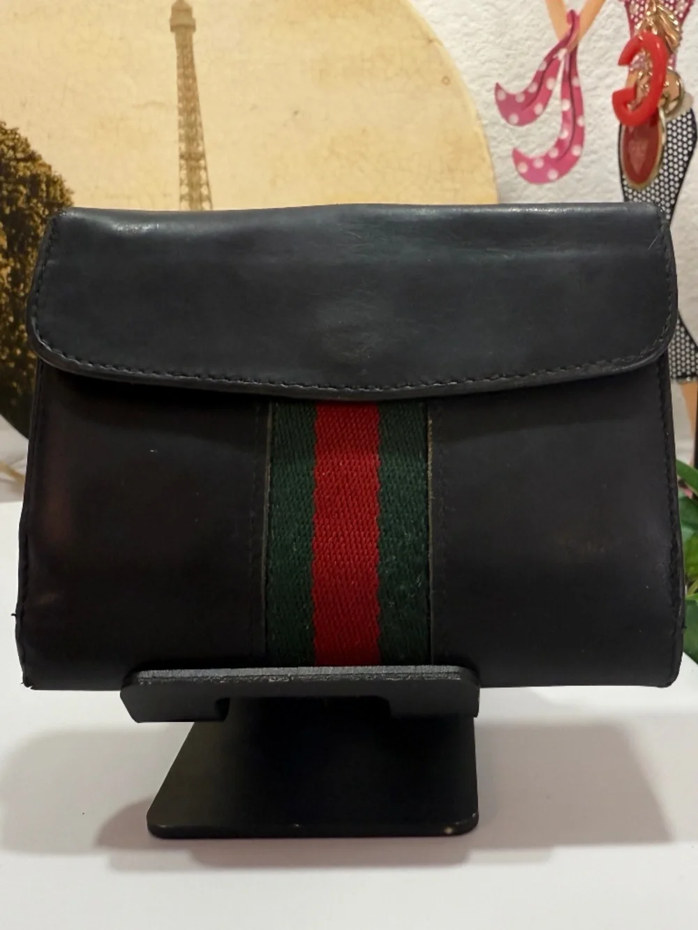 FASHIONABLE GUCCI BLACK LEATHER GREEN & RED WEB STRIPED HORSE-BIT WALLET! - Picture 12 of 17